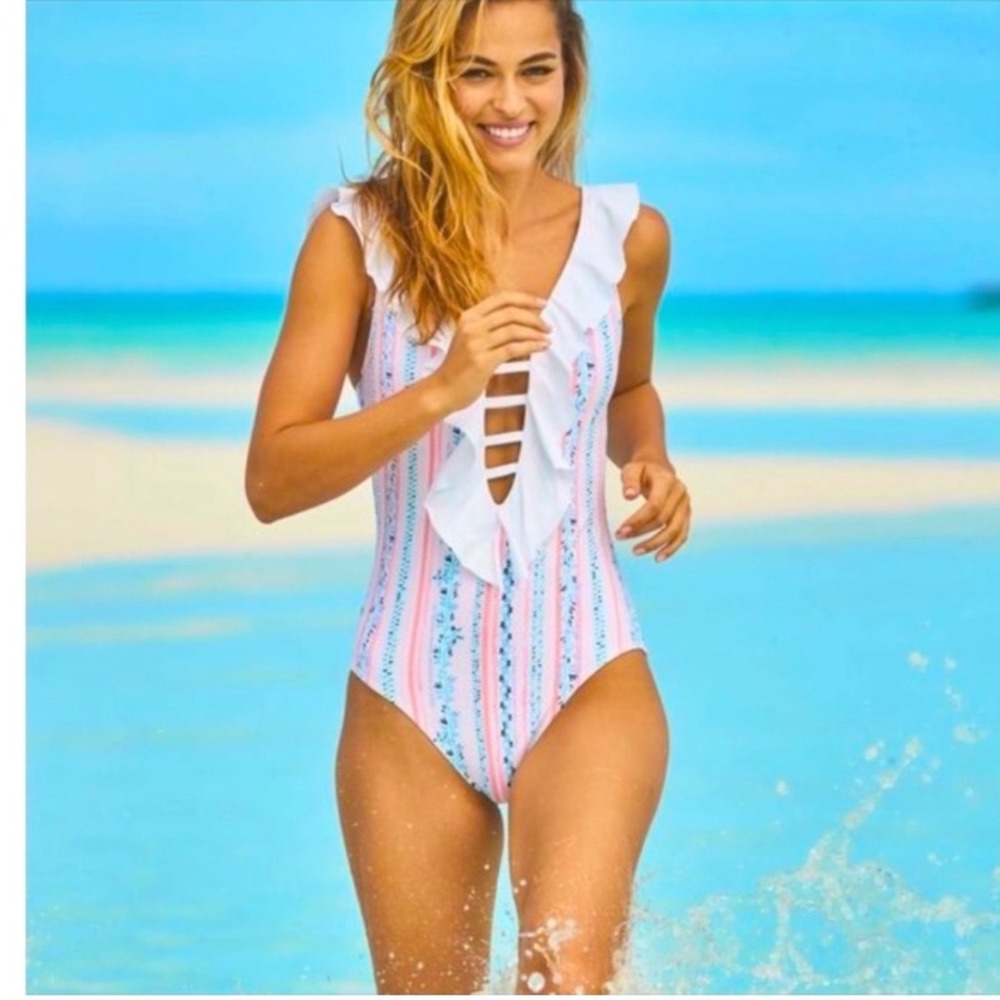 Lilly Pulitzer Preppy Carmen One Piece Swimsuit Women 10 Pink Ruffle Strappy